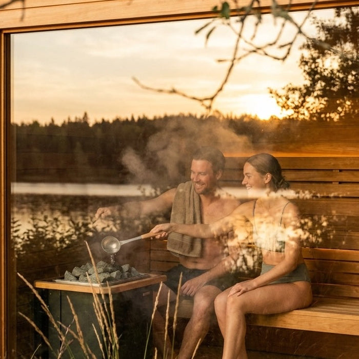 A couple sitting in a sauna looking outside through a glass front on a lake at sunset