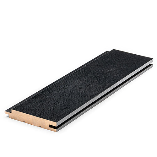Aspen Brushed Midnight Black tongue-and-groove paneling board, angled view of black face and groove edge