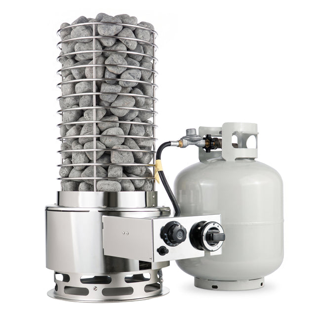 SaunaLife Titan SL1 propane sauna heater with its stone basket filled and a propane cylinder connected