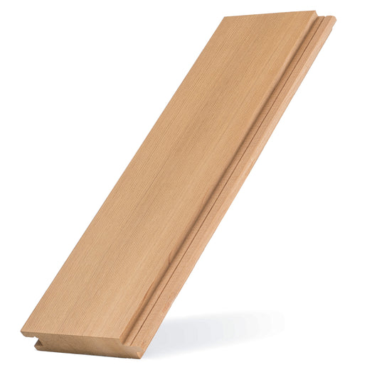 Western Red Cedar 1x4 tongue-and-groove paneling board standing upright at a slant, showing face and grooved edge