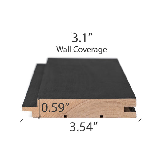 Aspen Midnight Black paneling end view with dimensions marked for thickness, board width and wall coverage