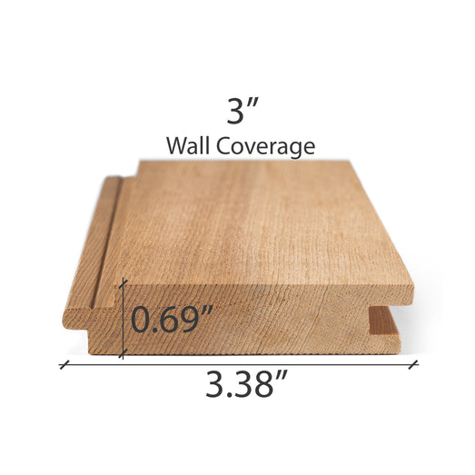 Western Red Cedar 1x4 tongue-and-groove paneling board end view with its dimensions marked for thickness and width