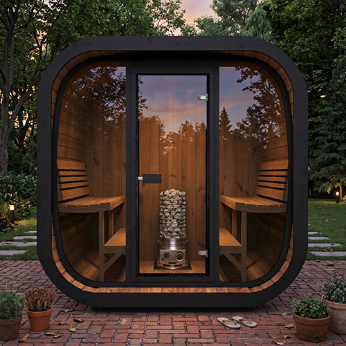 Square outdoor pod sauna with a SaunaLife Titan SL1 heater visible through the glass door