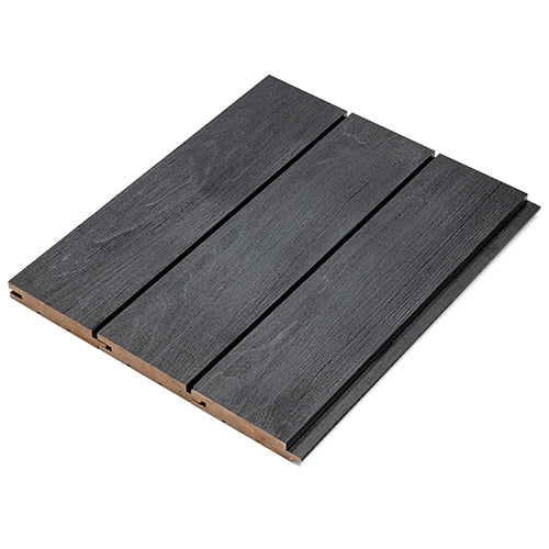 Three Aspen Brushed Midnight Black paneling boards side by side, showing black brushed face grain and joints