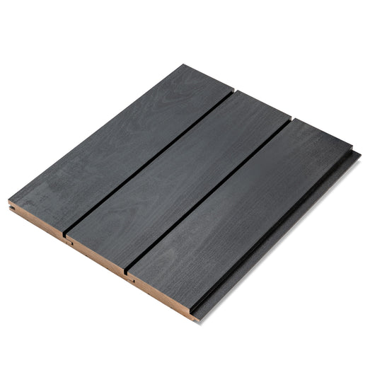 Three Aspen Midnight Black tongue-and-groove paneling boards side by side, showing face grain and nickel gap seams