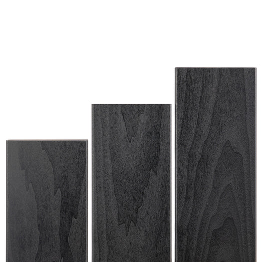 Aspen Midnight Black 2x5 bench boards in three stepped lengths, standing side by side to show dark face grain