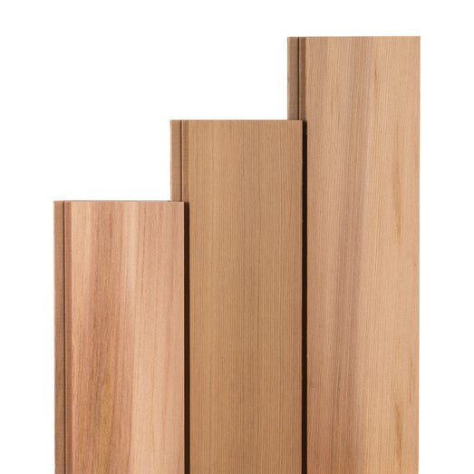 Western Red Cedar 1x4 tongue-and-groove paneling boards in three stepped lengths showing vertical grain and gap seams