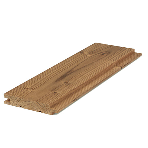 Thermo-Spruce 1x4 tongue-and-groove paneling board shown at an angle, with the tongue edge and knotted face visible
