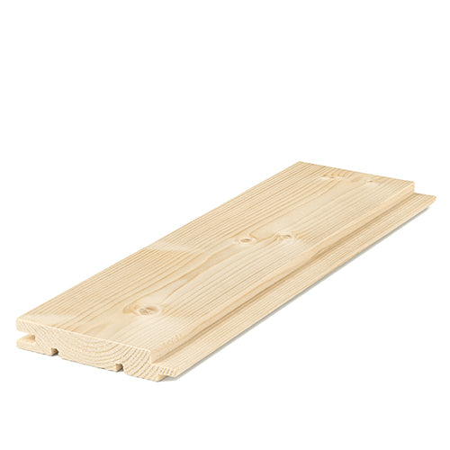 Spruce 1x4 tongue-and-groove paneling board at an angle, showing knotty face grain and grooved back edge