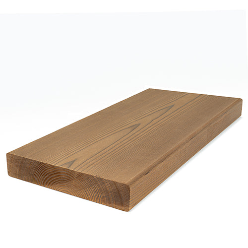 Thermo-Spruce 2x6 bench board at an angle, showing the brown face grain and the end of the board