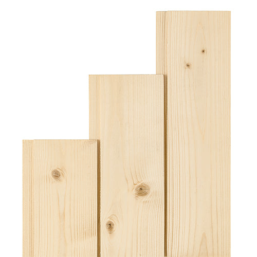 Three spruce 1x4 tongue-and-groove paneling boards in stepped lengths, standing upright with knots visible