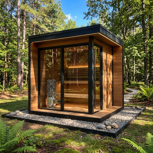 Glass-front outdoor sauna cabin heated by a SaunaLife Titan SL1 gas sauna heater