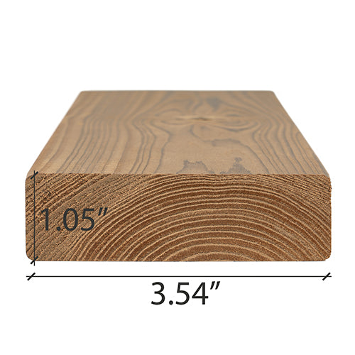 Thermo-Spruce 2x4 bench board end view showing growth rings, with the thickness and width dimensions marked