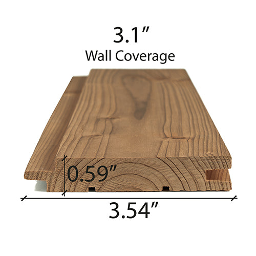 Thermo-Spruce 1x4 paneling board end view showing the profile and grain, with dimensions marked on the image