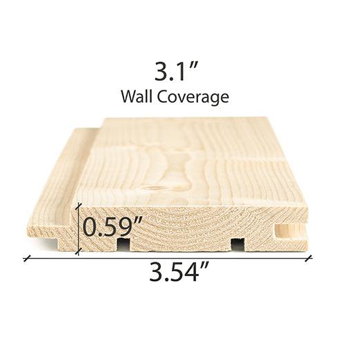 Spruce 1x4 tongue-and-groove paneling board end view showing profile, with wall coverage and dimensions marked