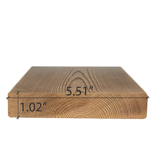Thermo-Spruce 2x6 bench board end view showing growth rings, with width and thickness dimensions marked
