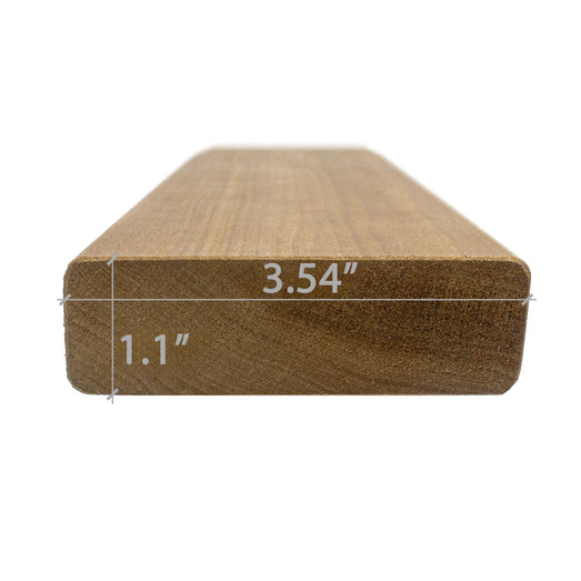Thermo-Aspen 2x4 bench board end view with the width and thickness dimensions marked by lines