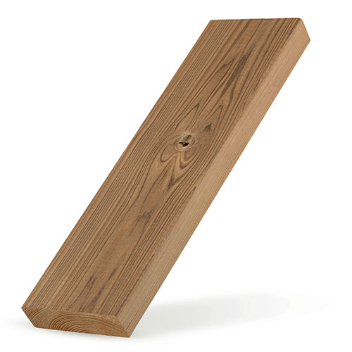 Thermo-Spruce 2x4 bench board standing tilted on one end, showing the face grain, a knot and the long edge
