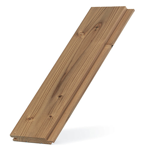 Thermo-Spruce 1x4 tongue-and-groove paneling board leaning upright, showing knotty face grain and grooved edge
