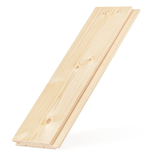 Spruce 1x4 tongue-and-groove paneling board tilted diagonally, showing light face grain, knots and milled edges