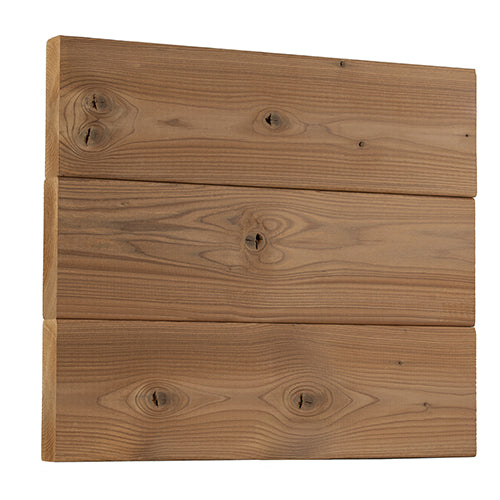 Three Thermo-Spruce 2x4 bench boards stacked flat as a panel, showing knots and warm brown grain