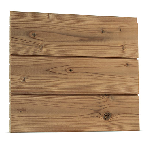 Three Thermo-Spruce paneling boards joined on a wall section, showing knots and the nickel gap grooves between them