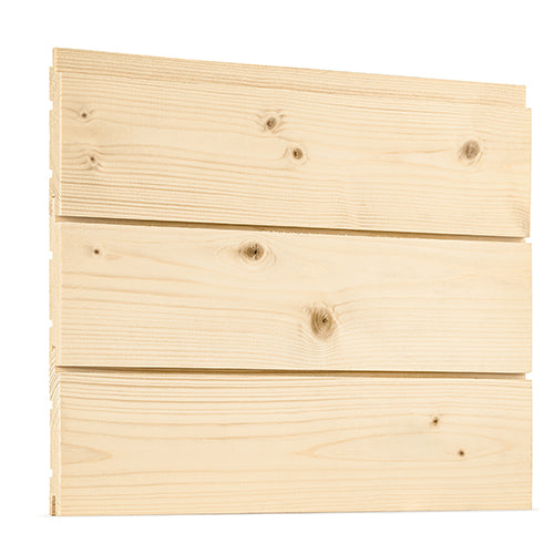 Three spruce 1x4 tongue-and-groove boards joined horizontally as a wall section, with small gaps between boards
