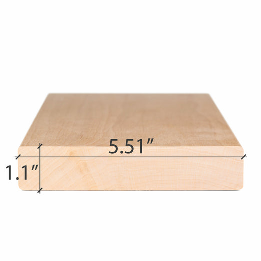 Alder 2x6 bench board end view with its width and thickness dimensions marked by lines and labels