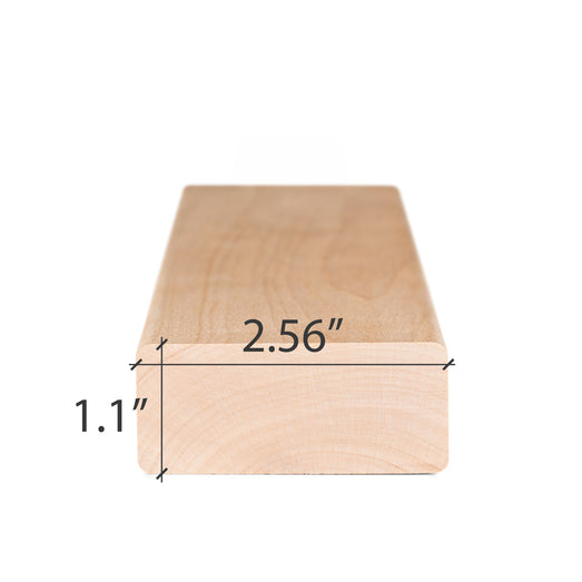 Alder 2x3 bench board end view with the width and thickness dimensions marked on the cross-section