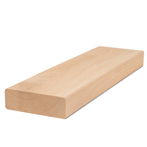 Alder 2x4 bench board at an angle, showing the face grain, long edge and rounded corners