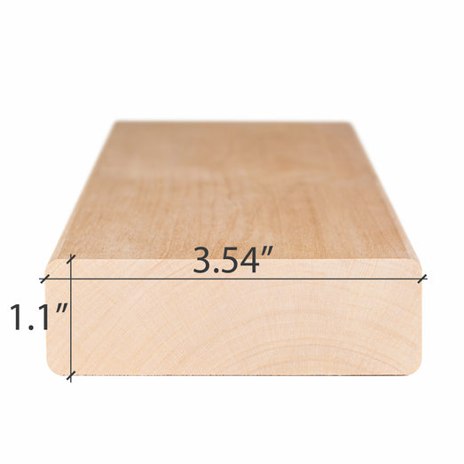 Alder 2x4 bench board end view with its width and thickness dimensions marked
