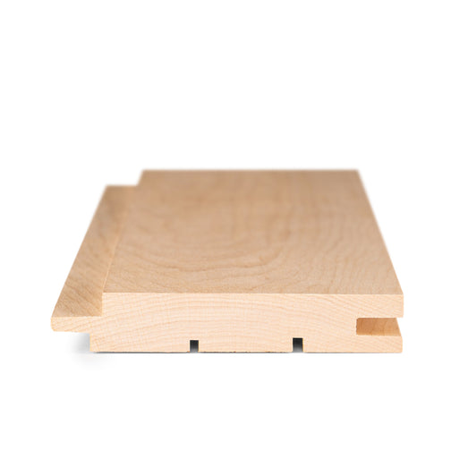 Alder 1x4 tongue-and-groove paneling board end view showing the tongue, groove and two small back grooves