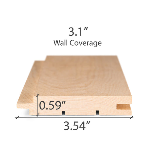 Alder tongue-and-groove paneling board cross-section with tongue, groove and back relief grooves, dimensions marked