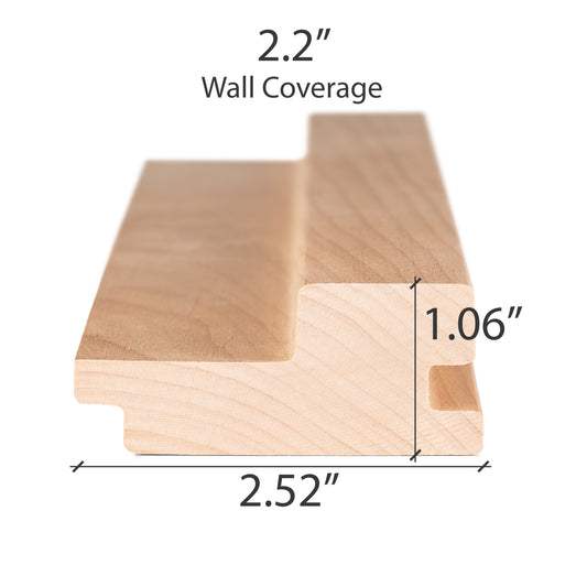 Alder paneling board cross-section end view with labels marking wall coverage, thickness and width dimensions