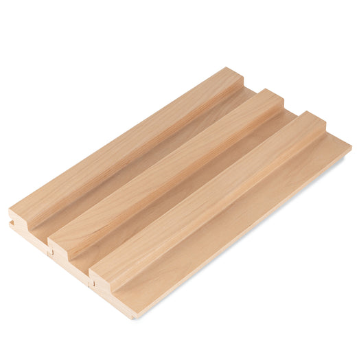 Three alder paneling boards side by side, showing raised ridges and grooved edges on the face