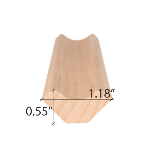 Alder 1x2 Inside Corner Trim piece end view with the width and thickness dimensions marked on the cross-section