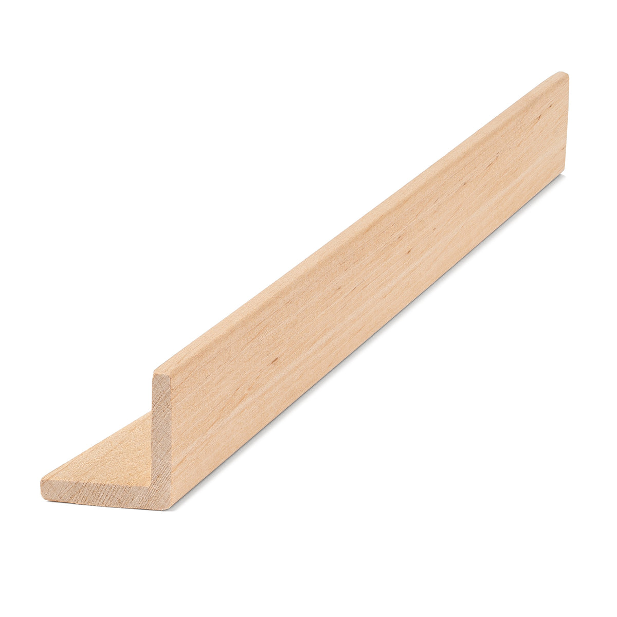 Alder 2x2 Outside Corner Trim piece, angled view showing the L-shaped profile and light grain along its length