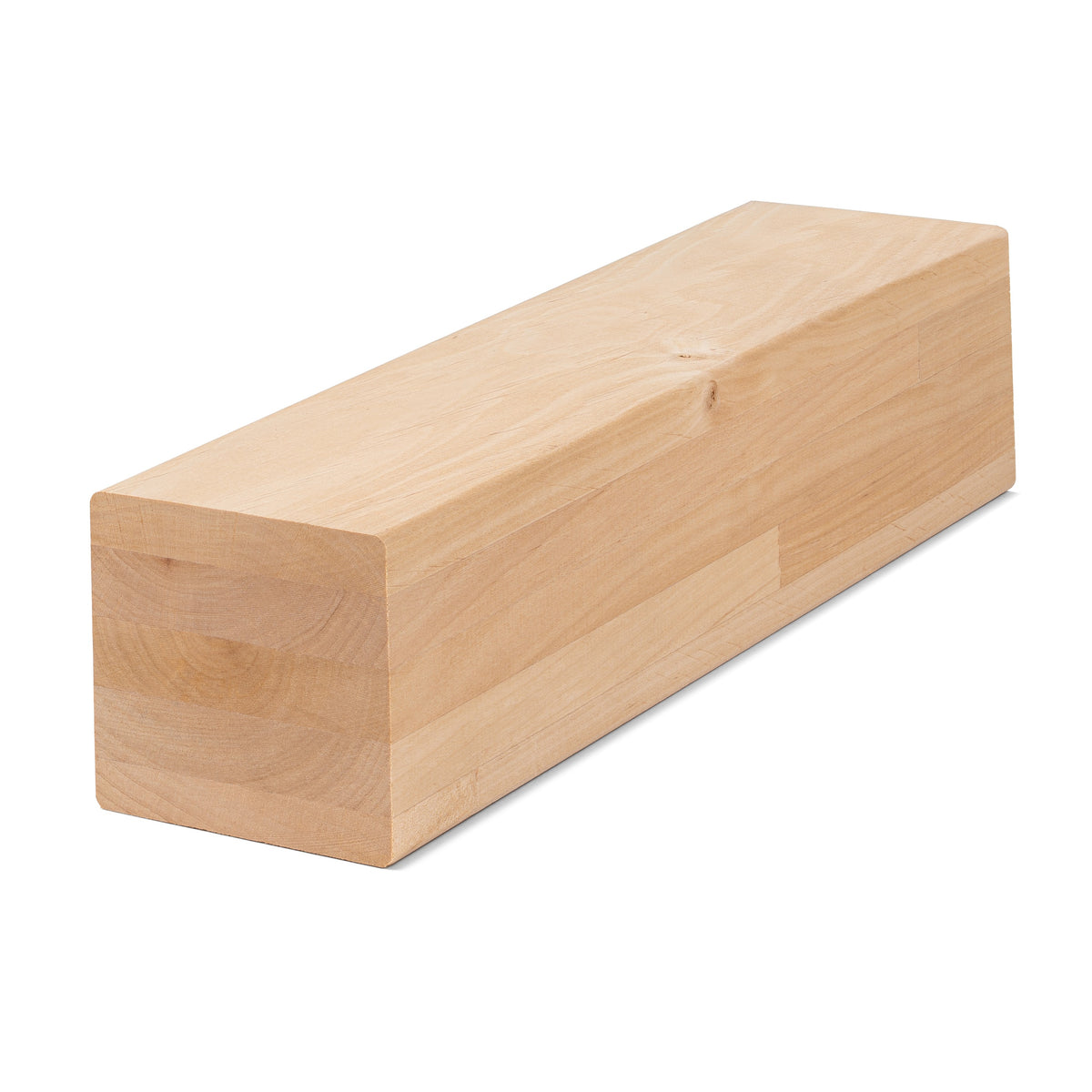 Alder 3x3 bench board at an angle, showing the square end and long side with light, smooth grain