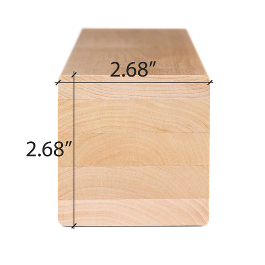 Alder 3x3 bench board end view with the width and height dimensions marked on the cross-section