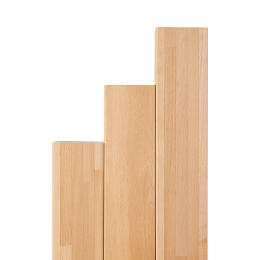 Alder bench boards in stepped lengths standing side by side, showing face grain and finger-joint seams