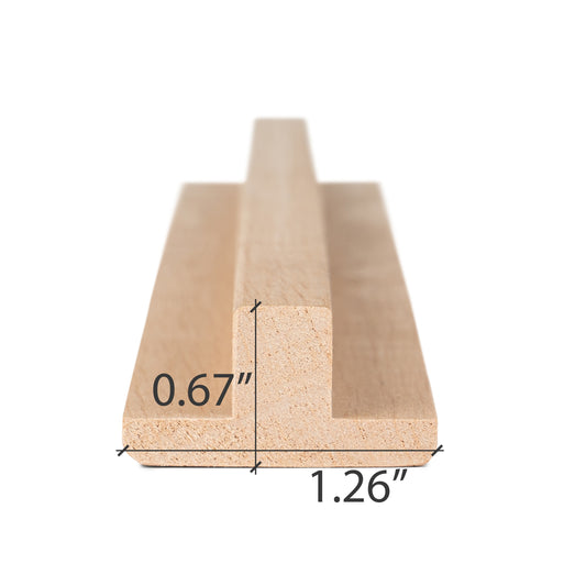 Alder 1x2 T-Molding piece end view cross-section with the height and width dimensions marked on the profile