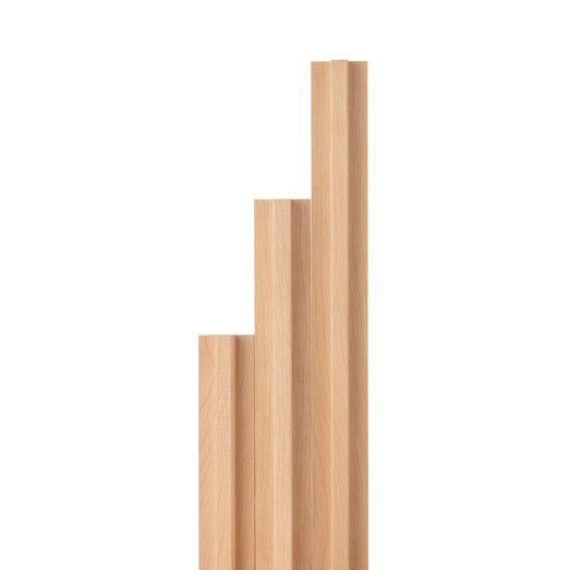 Alder 1x2 T-Molding pieces standing upright in stepped lengths, side by side against a white background