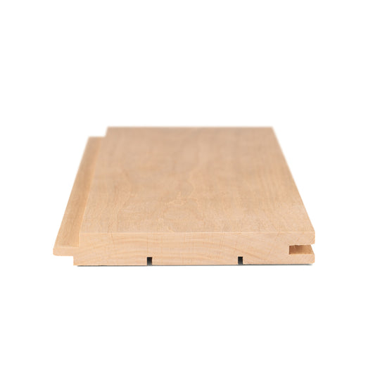 Alder 1x5 tongue-and-groove paneling board end view showing the profile, tongue, groove and two small back grooves