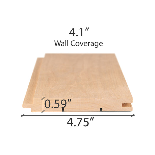 Alder 1x5 tongue-and-groove paneling board end view with its thickness, width and wall coverage dimensions marked