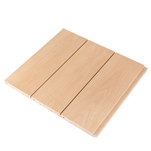 Three Alder 1x5 tongue-and-groove paneling boards side by side, joined with small gaps between them