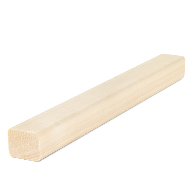 Aspen 2x2 Trim piece shown at an angle, with the pale, smooth long faces and the end grain with rounded edges visible
