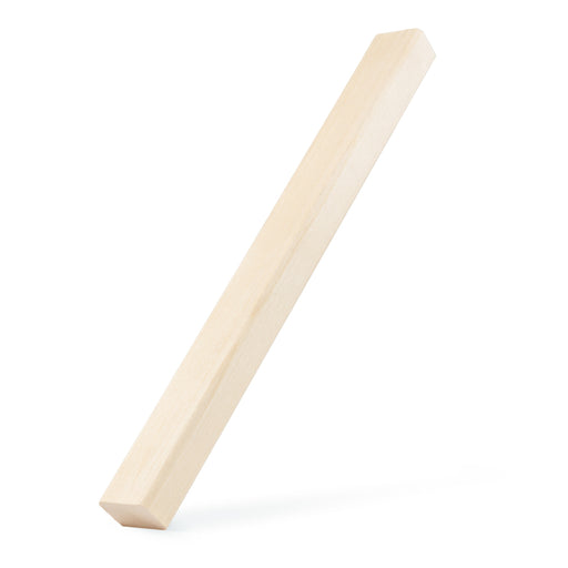 Aspen 2x2 Trim piece leaning upright on a white background, showing the long pale face and one square end