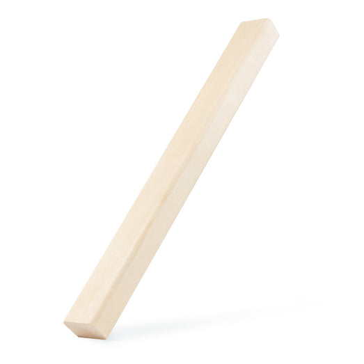 Aspen 2x2 Trim piece leaning upright on a white background, showing the long pale face and one square end