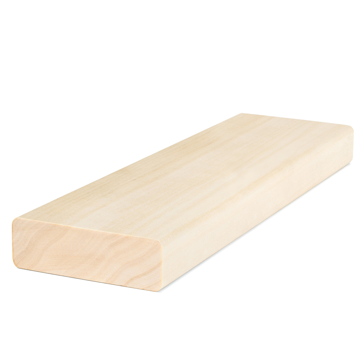 Aspen 2x4 bench board lying flat, angled view showing the pale face, rounded edges and end grain