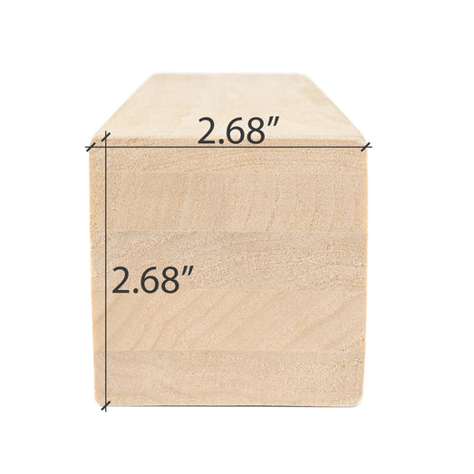 Aspen 3x3 bench board end view with square profile and dimensions marked on both sides, glued strips visible